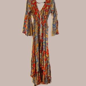 KARMA Hwy Gypsy Caravan Hi Lo Ruffle Hem Dress Teal/Rust OS NWT